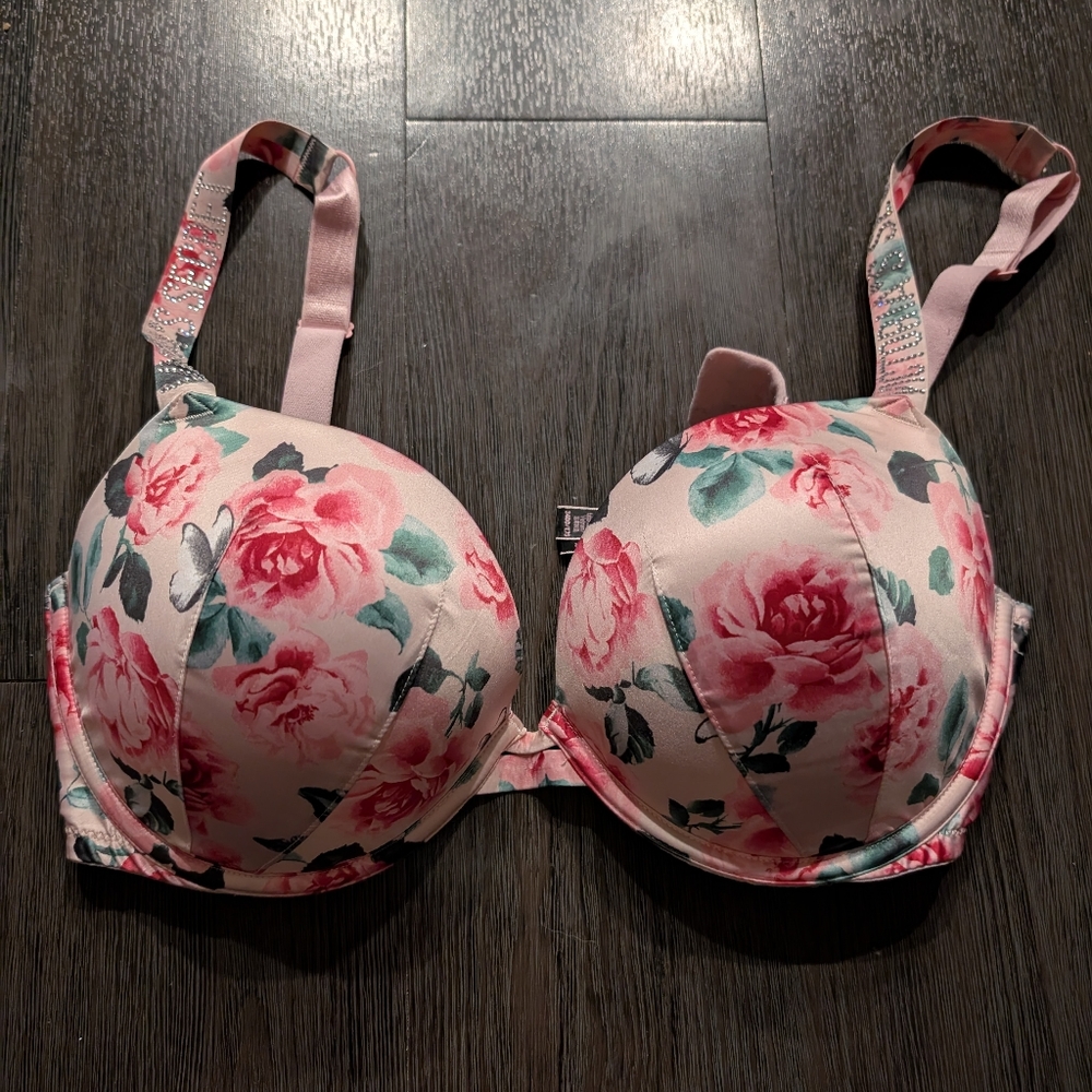 Pink rose floral Victoria's Secret rhinestone push-up bra